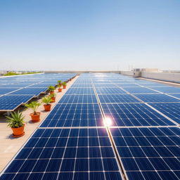 A clean, organized rooftop covered in solar panels, showcasing their smooth, shiny surface reflecting sunlight