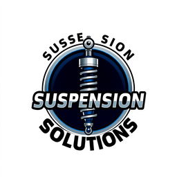 A logo design for a car suspension repair shop, featuring a stylized shock absorber and coil spring motif, integrated with bold text reading 'Suspension Solutions'