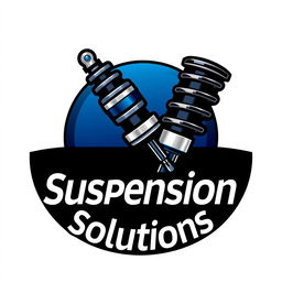 A logo design for a car suspension repair shop, featuring a stylized shock absorber and coil spring motif, integrated with bold text reading 'Suspension Solutions'