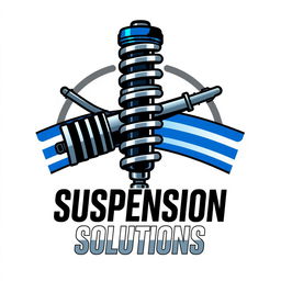 A logo design for a car suspension repair shop, featuring a stylized shock absorber and coil spring motif, integrated with bold text reading 'Suspension Solutions'