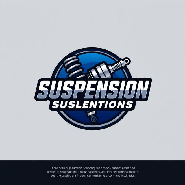 A logo design for a car suspension repair shop, featuring a stylized shock absorber and coil spring motif, integrated with bold text reading 'Suspension Solutions'