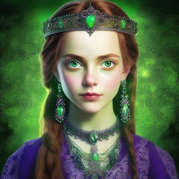 This is a high-quality digital art image of a 14-year-old supernatural girl, identified as the daughter of Crowley