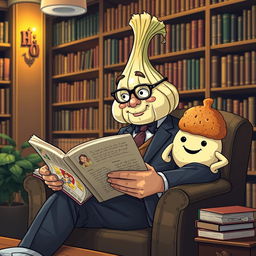 A whimsical scene featuring a man in a suit that has transformed into a vibrant, cartoonish garlic bulb while seated comfortably