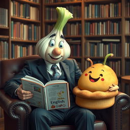A whimsical scene featuring a man in a suit that has transformed into a vibrant, cartoonish garlic bulb while seated comfortably