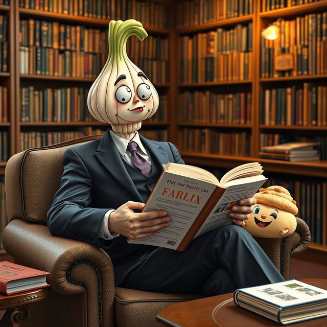 A whimsical scene featuring a man in a suit that has transformed into a vibrant, cartoonish garlic bulb while seated comfortably