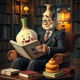 A whimsical scene featuring a man in a suit that has transformed into a vibrant, cartoonish garlic bulb while seated comfortably