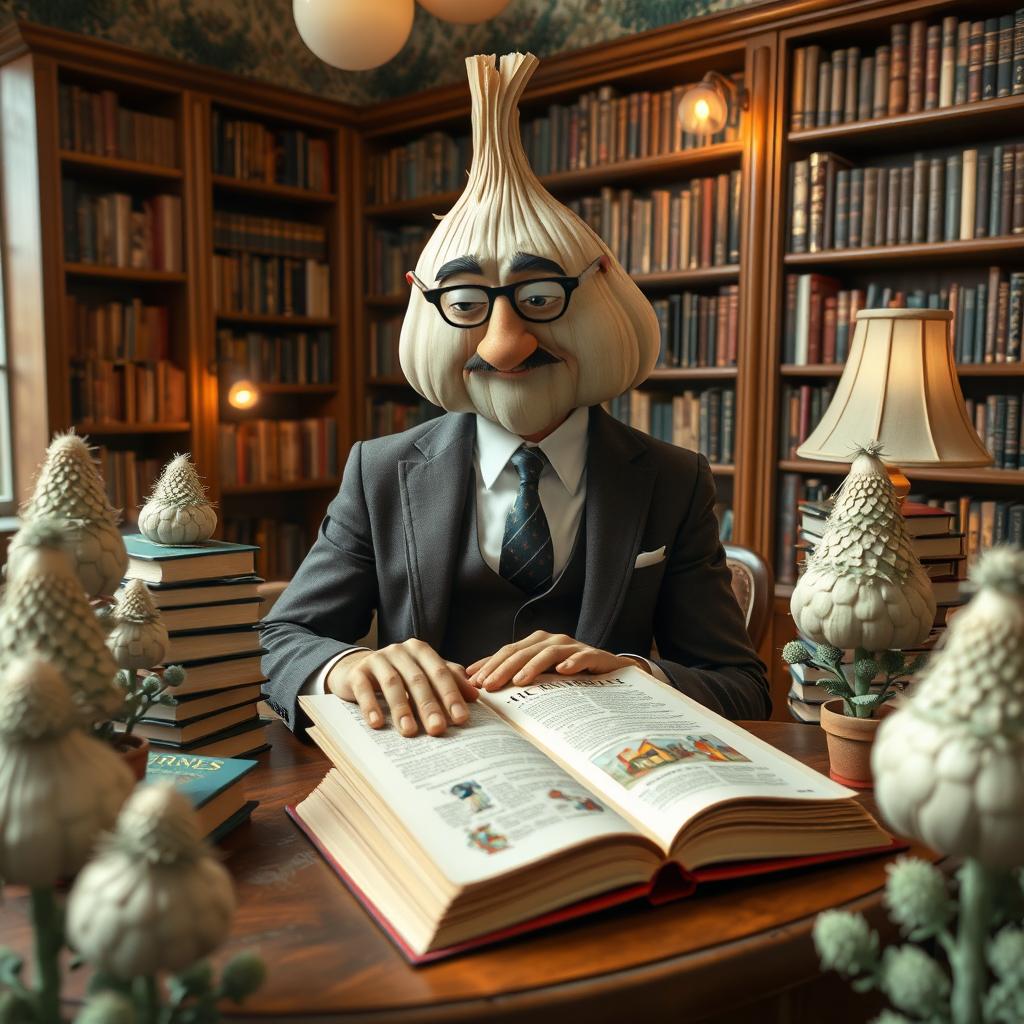 A whimsical scene depicting a man in a suit that has amusingly transformed into a large, cartoonish garlic bulb