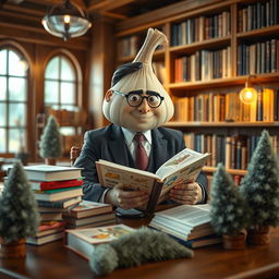 A whimsical scene depicting a man in a suit that has amusingly transformed into a large, cartoonish garlic bulb