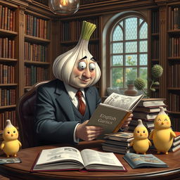 A whimsical scene depicting a man in a suit that has amusingly transformed into a large, cartoonish garlic bulb