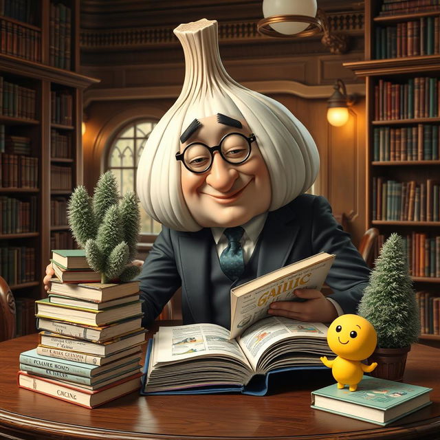 A whimsical scene depicting a man in a suit that has amusingly transformed into a large, cartoonish garlic bulb