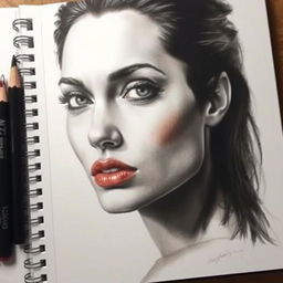 A charcoal drawing of a strikingly beautiful woman inspired by Angelina Jolie, capturing her captivating presence