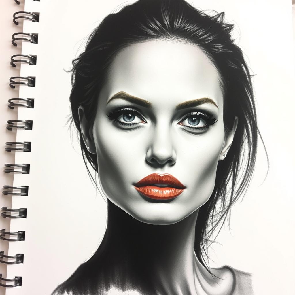 A charcoal drawing of a strikingly beautiful woman inspired by Angelina Jolie, capturing her captivating presence