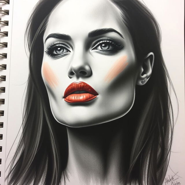 A charcoal drawing of a strikingly beautiful woman inspired by Angelina Jolie, capturing her captivating presence