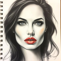 A charcoal drawing of a strikingly beautiful woman inspired by Angelina Jolie, capturing her captivating presence