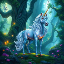 A mystical unicorn standing majestically in a vibrant fantasy forest rich with towering, ancient trees and glowing flora