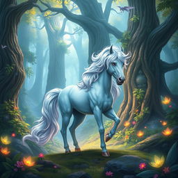 A mystical unicorn standing majestically in a vibrant fantasy forest rich with towering, ancient trees and glowing flora