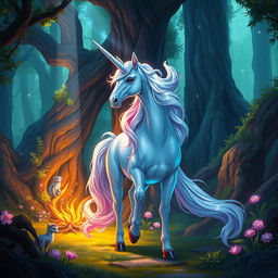 A mystical unicorn standing majestically in a vibrant fantasy forest rich with towering, ancient trees and glowing flora