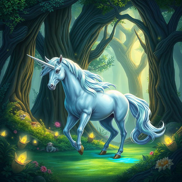 A mystical unicorn standing majestically in a vibrant fantasy forest rich with towering, ancient trees and glowing flora