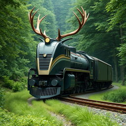 Create a surreal hybrid image that seamlessly blends a train and a deer