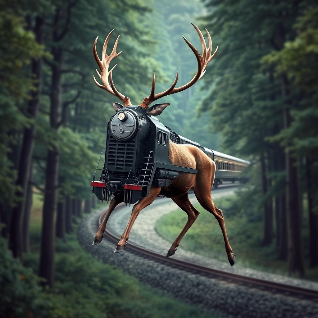 Create a surreal hybrid image that seamlessly blends a train and a deer