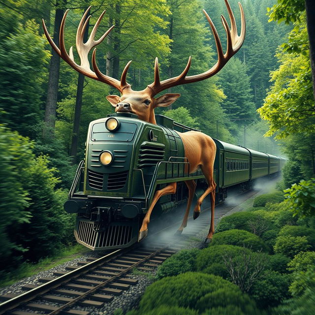 Create a surreal hybrid image that seamlessly blends a train and a deer