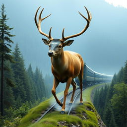 Create a surreal hybrid image that seamlessly blends a train and a deer