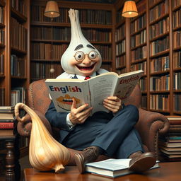 A whimsical and surreal scene featuring a man in a suit that has amusingly transformed into a large, cartoonish garlic bulb