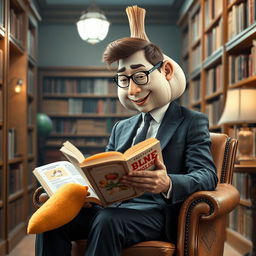 A whimsical and surreal scene featuring a man in a suit that has amusingly transformed into a large, cartoonish garlic bulb