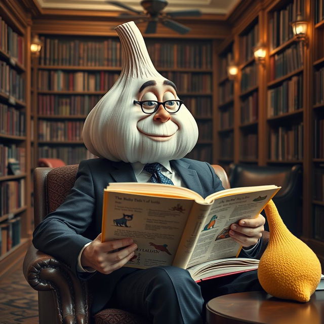 A whimsical and surreal scene featuring a man in a suit that has amusingly transformed into a large, cartoonish garlic bulb