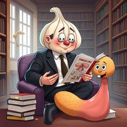 A playful and surreal illustration featuring a man in a suit that has whimsically transformed into a large, cartoonish garlic bulb