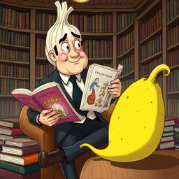 A playful and surreal illustration featuring a man in a suit that has whimsically transformed into a large, cartoonish garlic bulb