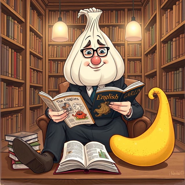 A playful and surreal illustration featuring a man in a suit that has whimsically transformed into a large, cartoonish garlic bulb