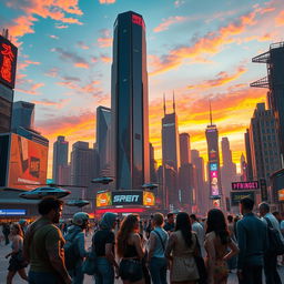 A futuristic city skyline at sunset, with towering skyscrapers reflecting the vibrant colors of the sky