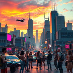 A futuristic city skyline at sunset, with towering skyscrapers reflecting the vibrant colors of the sky