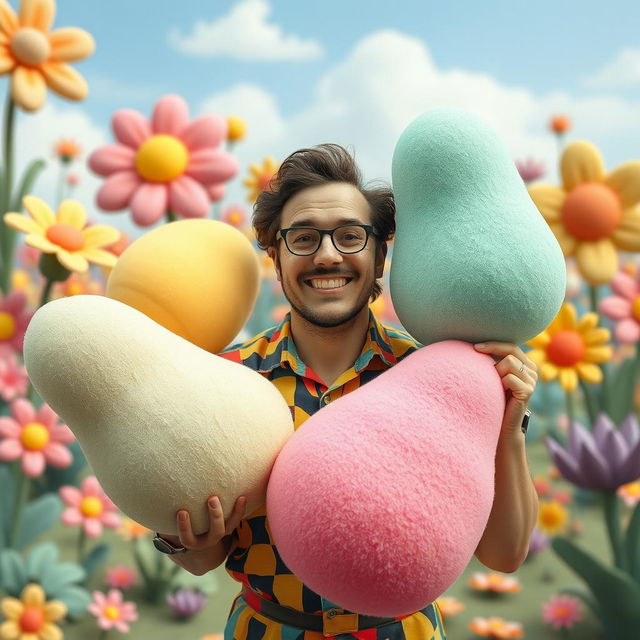 A surreal and whimsical scene featuring a man humorously holding large, sponge-like penes in various colors and sizes