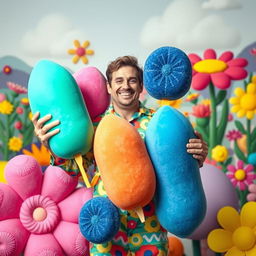A surreal and whimsical scene featuring a man humorously holding large, sponge-like penes in various colors and sizes