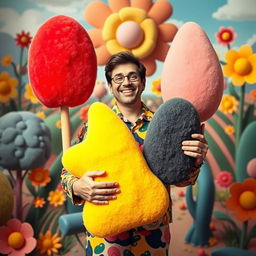 A surreal and whimsical scene featuring a man humorously holding large, sponge-like penes in various colors and sizes