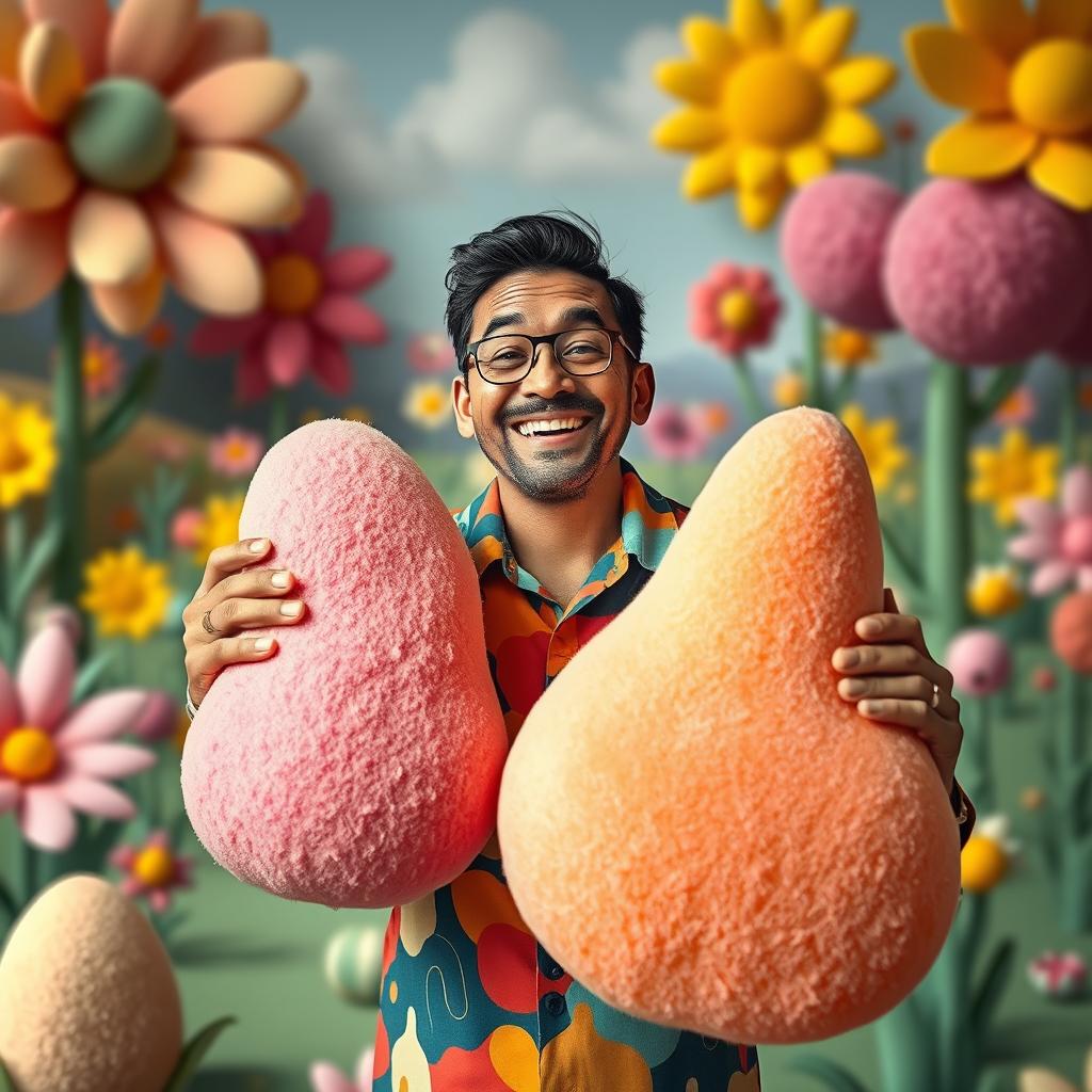 A surreal and whimsical scene featuring a man humorously holding large, sponge-like penes in various colors and sizes