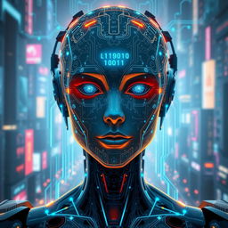 A visually striking representation of artificial intelligence, depicted as an intricate blend of human and machine features
