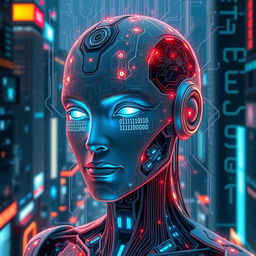 A visually striking representation of artificial intelligence, depicted as an intricate blend of human and machine features