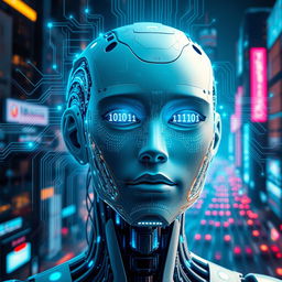 A visually striking representation of artificial intelligence, depicted as an intricate blend of human and machine features