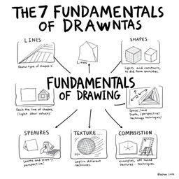 An educational illustration showcasing the 7 fundamentals of drawing