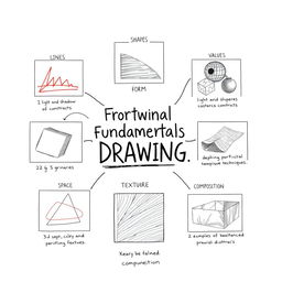 An educational illustration showcasing the 7 fundamentals of drawing