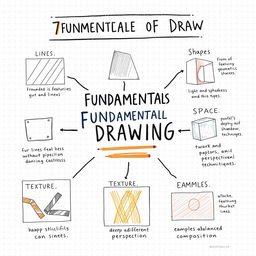 An educational illustration showcasing the 7 fundamentals of drawing