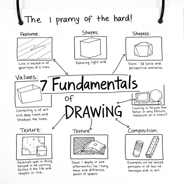 An educational illustration showcasing the 7 fundamentals of drawing