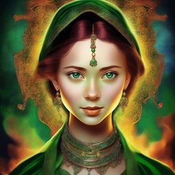 A digital art image portrays a 14-year-old supernatural girl, the daughter of Crowley