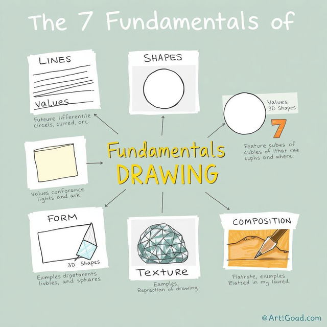 An educational illustration depicting the 7 fundamentals of drawing in a visually appealing way