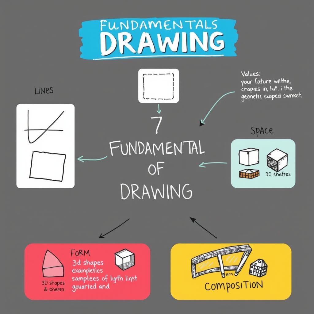 An educational illustration depicting the 7 fundamentals of drawing in a visually appealing way