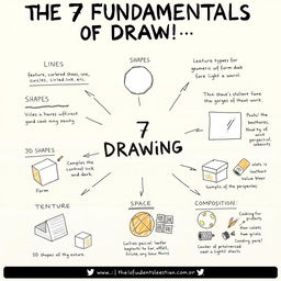 An educational illustration depicting the 7 fundamentals of drawing in a visually appealing way