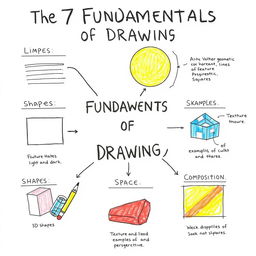 An educational illustration depicting the 7 fundamentals of drawing in a visually appealing way